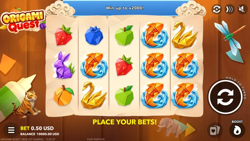 Origami Quest - layar permainan dengan panel taruhan dan tombol Boost